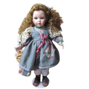 Porcelain Doll Long  Curly Hair Calico Dress - With Stand